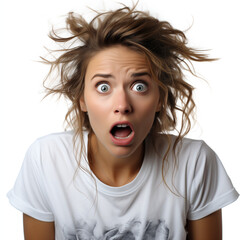 woman in a tshirt being scared, portrait view, ultra-realistic view, white empty background