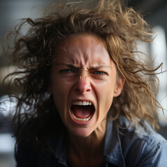 close up of the face of a 48 years old woman, dressing white, totally stress and desperate, screaming