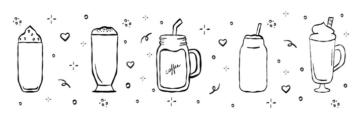 Set coffee in glass doodle line style sketch. In mug, glass. Doodle vector illustrations isolated on white background.  Coffee  beverage .  Espresso, americano, cappuccino, latte.