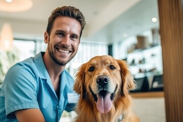 Young Veterinarian Petting a Noble Golden Retriever Dog. Healthy Pet on a Check Up Visit in Modern Veterinary Clinic with a Professional Caring Doctor. ai generative