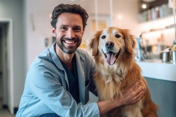 Happy Handsome Young Man Play with Dog at Home, Handsome Man Looking at Camera and Smiling Together with the Dog. Best friend concept. ai generative