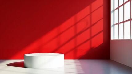 Abstract 3D red room with white cylinder pedestal. stand podium in hearth shape window Generative AI