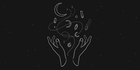 Esoteric crescent moon line drawing with woman hands and mystical celestial magic witchcraft elements on black background. Set of Magic art symbol outline. 