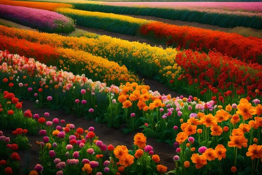 Take a picture of fields brimming with colorful flowers.