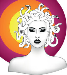 Medusa Gorgon with snakes on the head vector illustration. Greek mythology