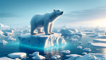 A whimsical, animated style image of a lone polar bear standing on a small iceberg. - obrazy, fototapety, plakaty
