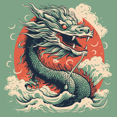 chinese dragon statue, colorful and dynamic illustration featuring a mythical dragon emerging from the roaring waves against a radiant red sun., chinese dragon on the background