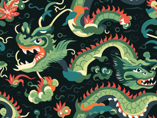 pattern of chinese dragon on the wall,  colorful and dynamic illustration featuring a mythical dragon emerging from the roaring waves against a radiant red sun.