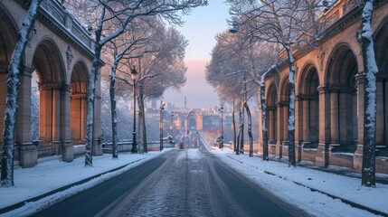 A tree-lined boulevard adorned with majestic arches, their surfaces coated in a layer of snow, leading towards a distant cityscape shrouded in the soft hues of a winter evening - obrazy, fototapety, plakaty