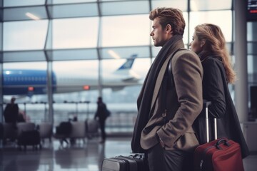 The concept of tourism and travel. Generated by AI. A couple of young people are standing at the airport waiting for their flight. Husband and wife travel by plane.
