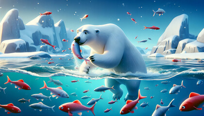 A whimsical, animated style image of a polar bear catching fish in open water. - obrazy, fototapety, plakaty