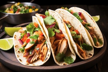 Tacos with grilled chicken meat and veggies.