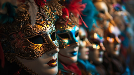 A group of venetian, mardi gras mask or disguise on a dark background. Generative AI - obrazy, fototapety, plakaty