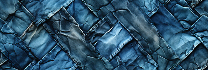 seamless texture pattern with seams and pleats of blue denim on the jeans background - obrazy, fototapety, plakaty