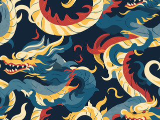 Obraz premium pattern of chinese dragon on the wall, colorful and dynamic illustration featuring a mythical dragon emerging from the roaring waves against a radiant red sun.