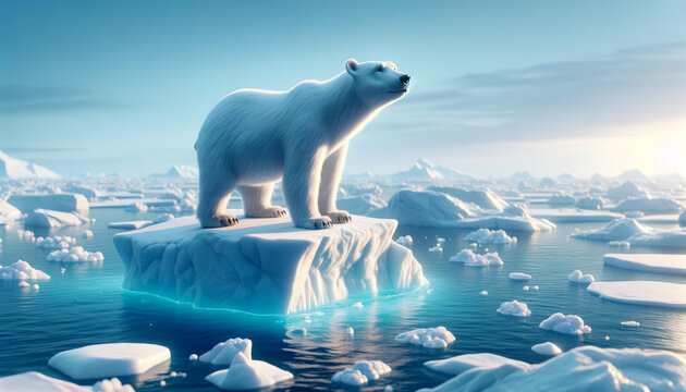 A whimsical, animated style image of a lone polar bear standing on a small iceberg.