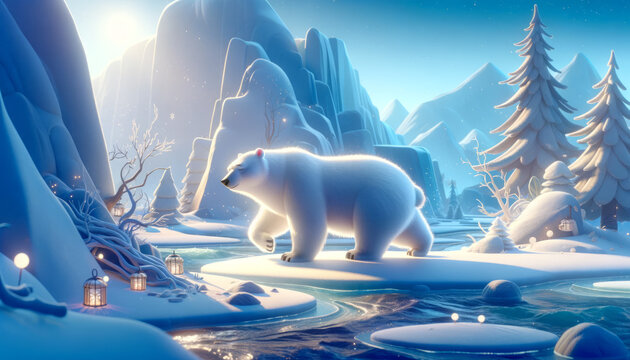 A whimsical, animated style image of a majestic polar bear roaming the Arctic ice.