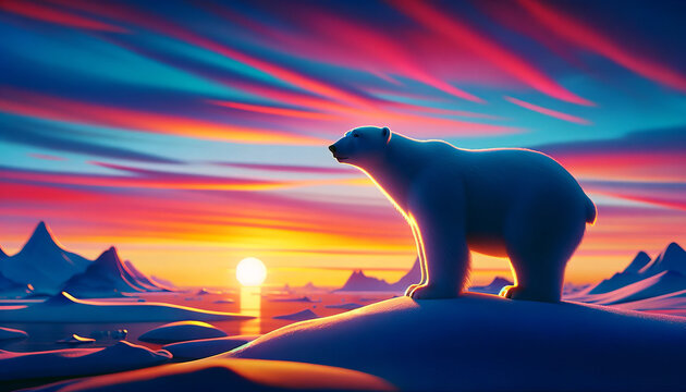 A whimsical, animated style image of a polar bear against a colorful Arctic sunset.