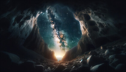 A high-quality image depicting a night sky view through the opening of a cave, in a 16_9 ratio.