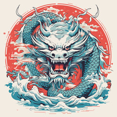 chinese dragon statue, colorful and dynamic illustration featuring a mythical dragon emerging from the roaring waves against a radiant red sun., chinese dragon on the background
