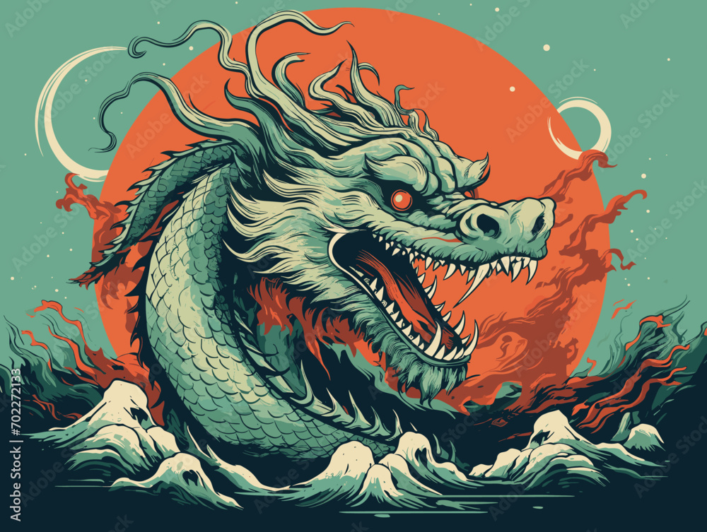 Wall mural chinese dragon statue, colorful and dynamic illustration featuring a mythical dragon emerging from the roaring waves against a radiant red sun., chinese dragon on the background