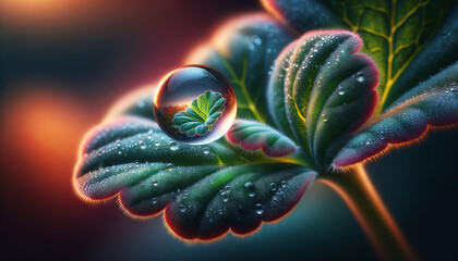 A high-quality image of a macro shot of a raindrop suspended on a leaf or flower, in a 16_9 ratio.