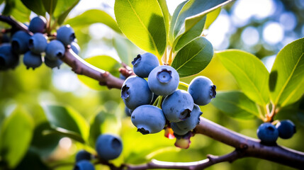 Blueberries - branches of fresh berries in the garden. Harvest concept
