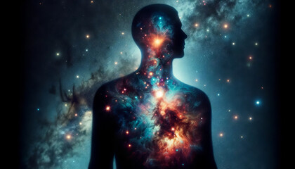 A high-quality image of an artistic representation of a person's silhouette with galaxy patterns within.