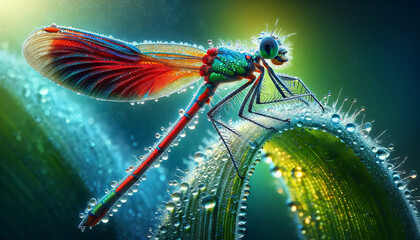 A high-quality image showcasing a close-up of a vibrant dragonfly on a dew-covered leaf.