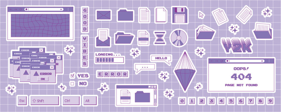 Big set of stickers in the trendy y2k style. Old computer aesthetics from the 90s, 00s. Retro PC elements, user interface. Vector design elements for scrapbooking