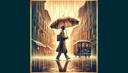 A high-quality image of a vintage-style illustration of a person walking with an umbrella in the rain, in a 16_9 ratio.