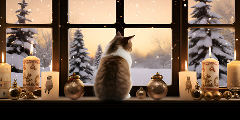 Cat in Christmas Background looking out of window