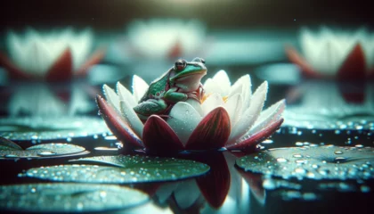 Fototapeten A classic image of a frog on a water lily in a serene pond, depicted in a whimsical, animated art style. © FantasyLand86