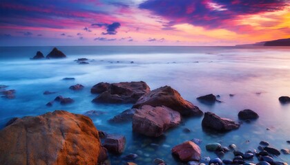 Fototapeta na wymiar Stones of the sea shore, blur of waves and beautiful colorful sky landscape with reflection in water