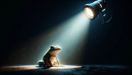 A dramatic image of a frog under a spotlight in a dark environment, depicted in a whimsical, animated art style.