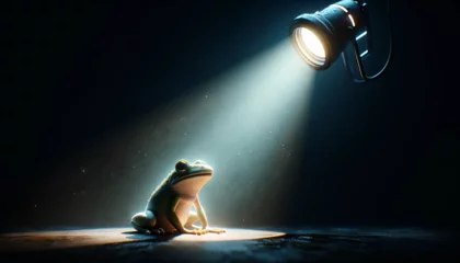 Deurstickers A dramatic image of a frog under a spotlight in a dark environment, depicted in a whimsical, animated art style. © FantasyLand86