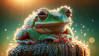 A frog early in the morning covered in dew drops, depicted in a whimsical, animated art style.