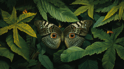 Butterfly's eyes peering through broad leaves