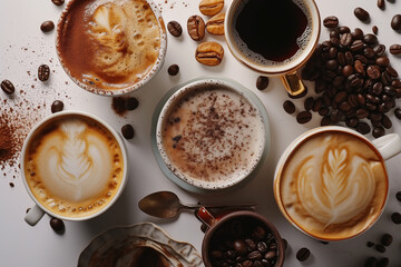 Top view of various coffee on a white background