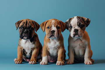 Group portrait of adorable puppies on blue background