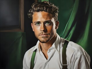 A man with suspenders and a white shirt. Painting. Generative AI