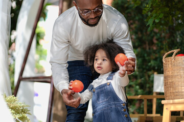 Happy multiracial family having fun camping together. Portrait of multiethnic father and little biracial daughter playing with apple relaxing at backyard. Diverse ethnic dad bonding with cheerful kid.