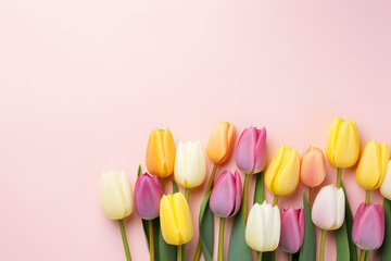 Colorful tulip flowers at bottom corner of pastel pink background with copy space