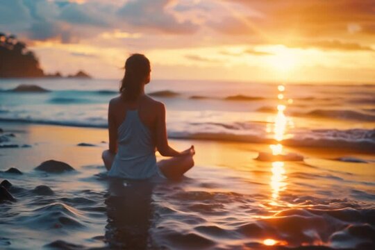 Yoga woman meditating on the beach at sunset. Healthy lifestyle