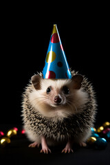 Fototapeta na wymiar happy birthday young hedgehog on a black background.