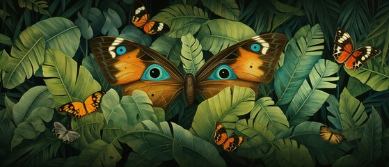 Obraz na płótnie Canvas Butterfly's eyes peering through broad leaves