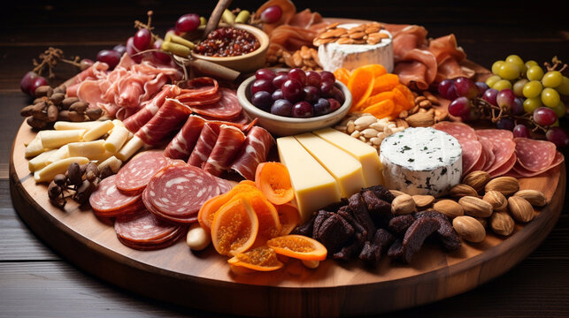 beautiful and tasty cut sausage,cheese.Board with snacks. Cold cuts