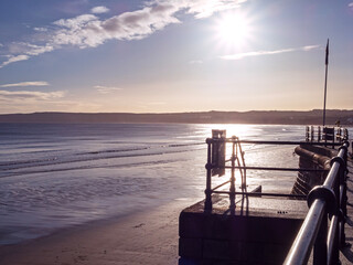 View over railings to Filey Beach, North Yorkshire, England