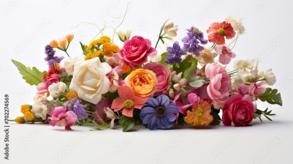 Poster a delightful bunch of fresh flowers gracefully arranged on a plain white backdrop, allowing room for