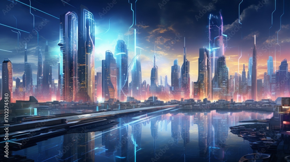 Poster a cybernetic cityscape illuminated by neon lights, augmented reality interfaces, and bustling crowds